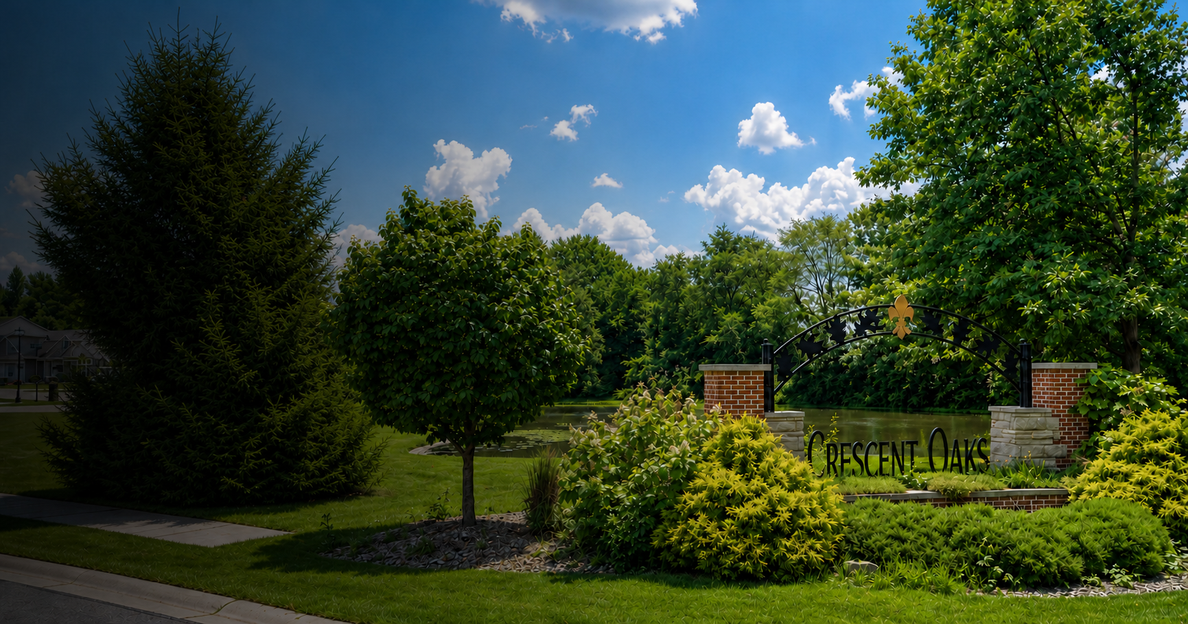 The landscaped Crescent Oaks entrance beside the neighborhood pond under a summer sky
